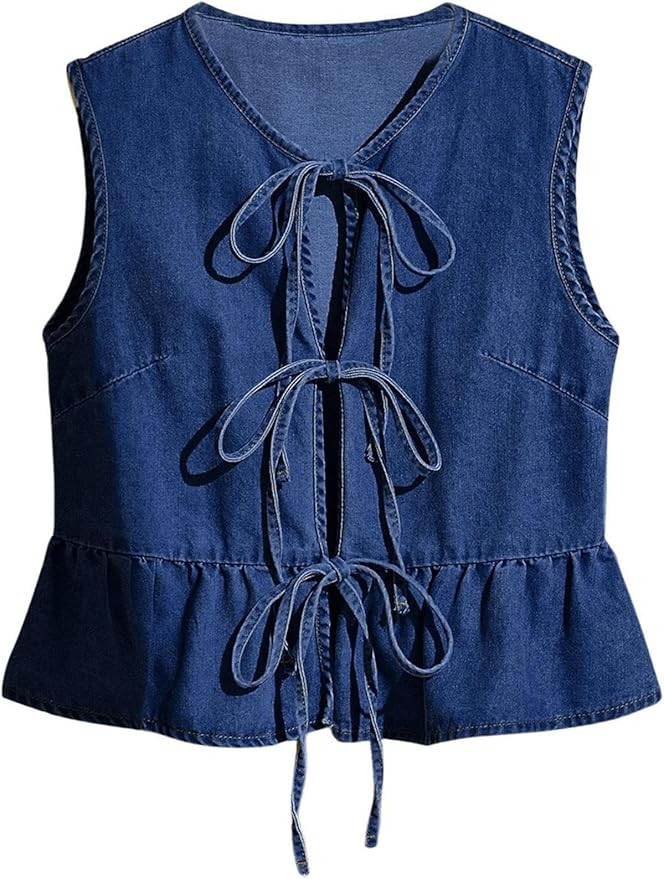 Remidoo Women's Tie Front Denim Vest Sleeveless Peplum Top Ruffle Hem Jean Waistcoat | Amazon (US)