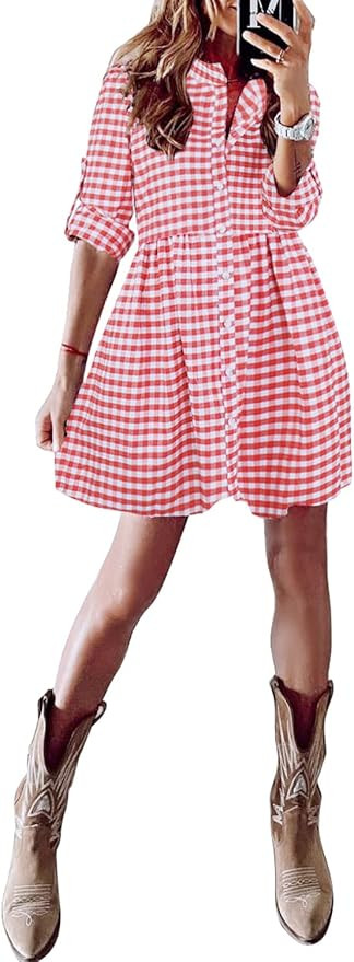 FANCYINN Women's Gingham Stand Collar Shirt Dress Button Down Casual Long Sleeve Tie Sleeves Mini... | Amazon (US)