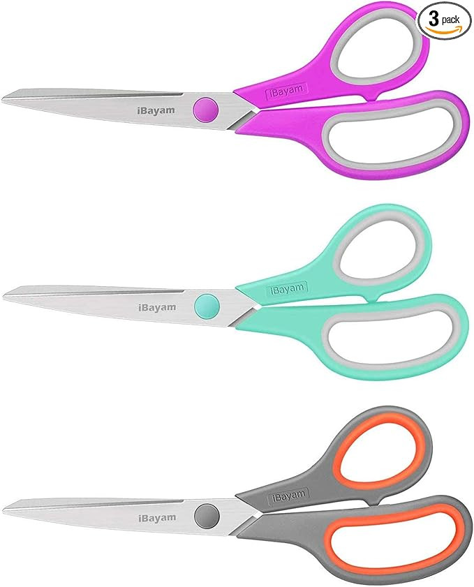 Scissors, iBayam 8" All Purpose Scissors Bulk 3-Pack, Ultra Sharp 2.5mm Thick Blade Shears Comfor... | Amazon (US)
