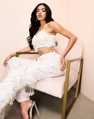 ASOS LUXE butterfly embellished top and pants set in white & silver | ASOS (Global)