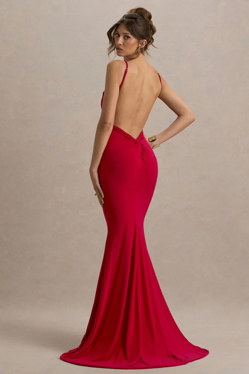 Endless Love  Red Backless Knot Detail Fishtail Maxi Dress | Club L London