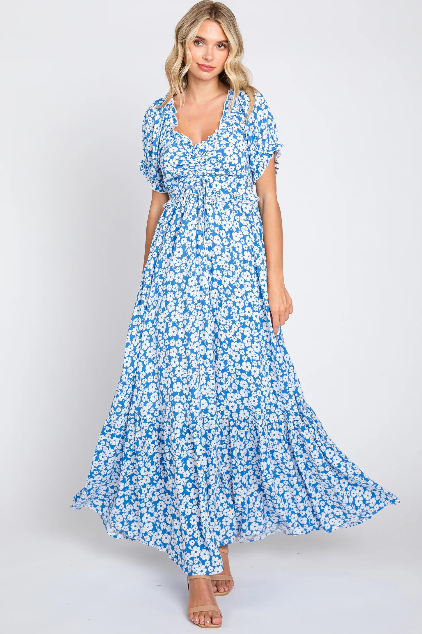 Blue Floral Cinched Bust Maxi Dress | PinkBlush Maternity