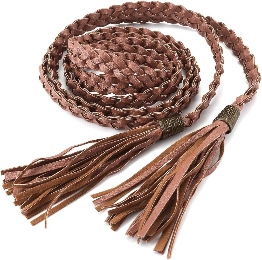 CHIC DIARY Women's Tassel Braided Rope Belt PU Leather Waist Belt Thin Woven Boho Waistband For D... | Amazon (US)