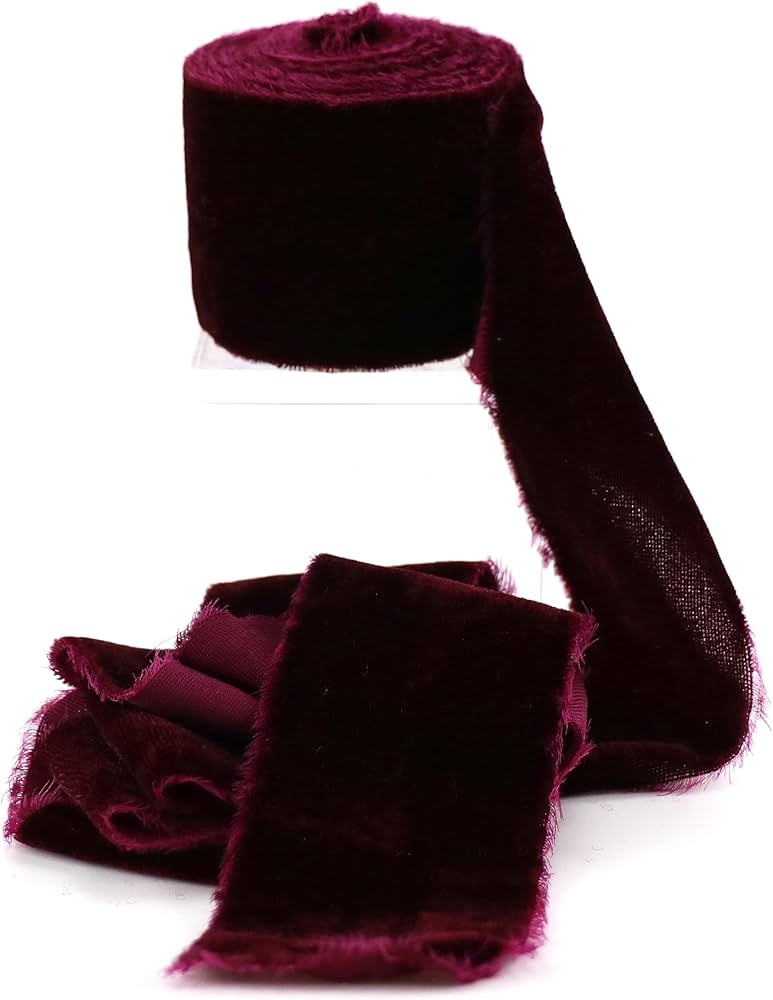 MAYREEL Burgundy Velvet Ribbon 2 Inch x 3 Yards Frayed Edge Silk Velvet Ribbon Hand Torn Maroon Ribb | Amazon (US)
