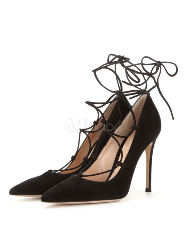 Pointed Toe Pumps Suede Strappy Tie Leg Stiletto Women's Black High Heel Shoes | Milanoo
