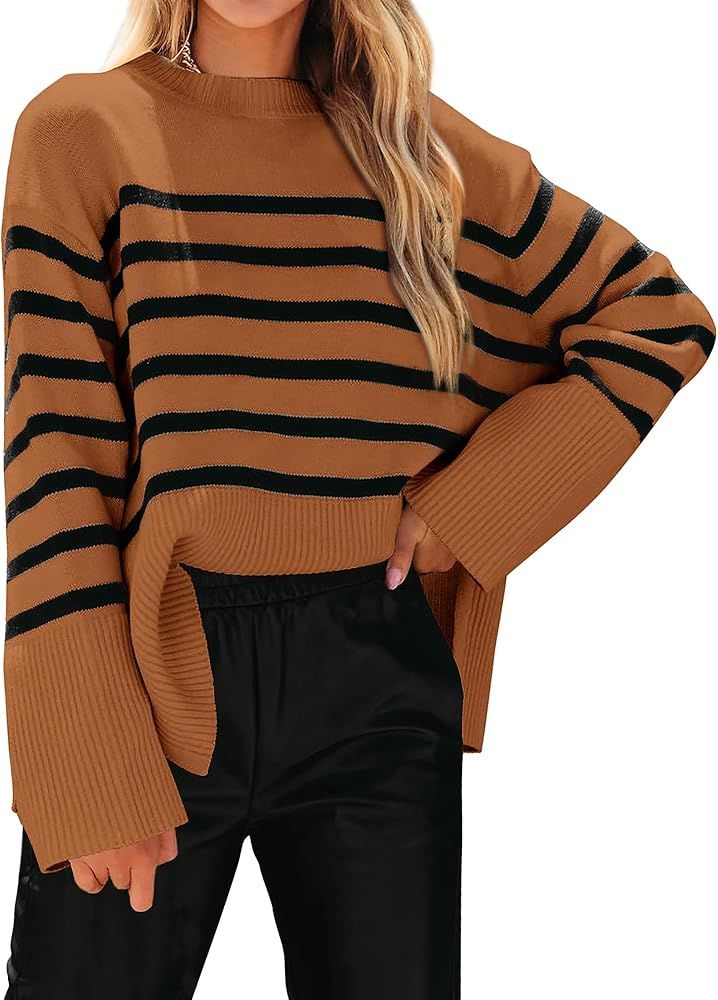 Women's 2023 Fall Winter Casual Oversized Long Sleeve Striped Sweater Crew Neck Ribbed Knit Side ... | Amazon (US)