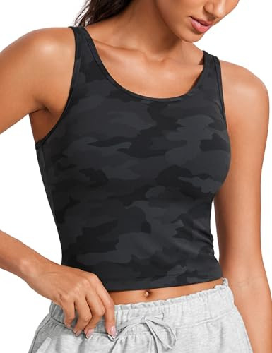 CRZ YOGA Womens Butterluxe Double Lined Tank Tops Scoop Neck Racerback Workout Tanks Sleeveless Casual Cropped Top Dark Grey Camouflage 2 X-Large | Amazon (US)