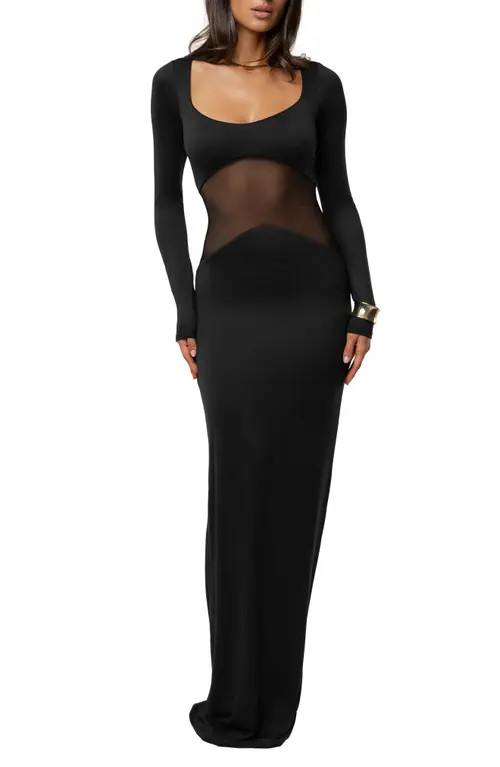 JLUXLABEL Glitz Hour Long Sleeve Mesh Body-Con Maxi Dress in Black at Nordstrom, Size X-Small | Nordstrom