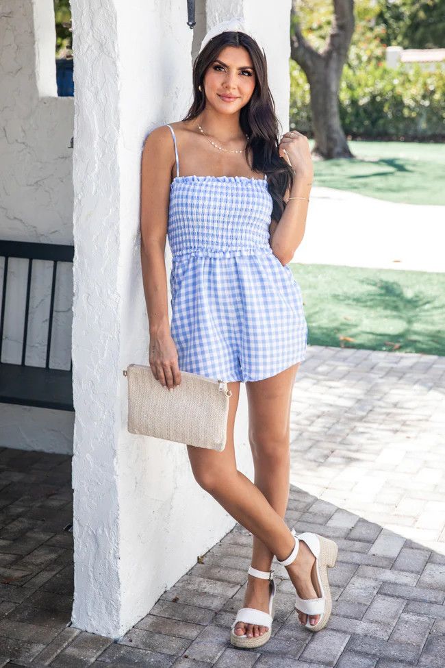 Always Stay Humble Blue and White Gingham Romper | Pink Lily