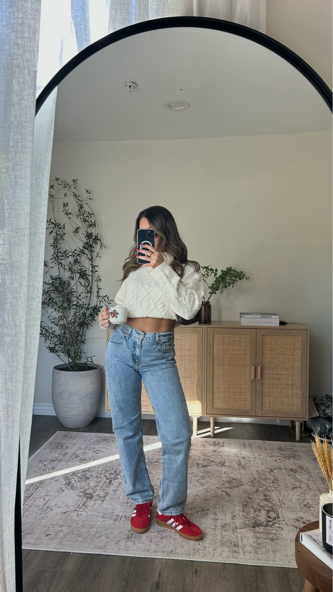 Cream sweatshirt jeans red adidas gazelle 

#LTKshoecrush #LTKstyletip