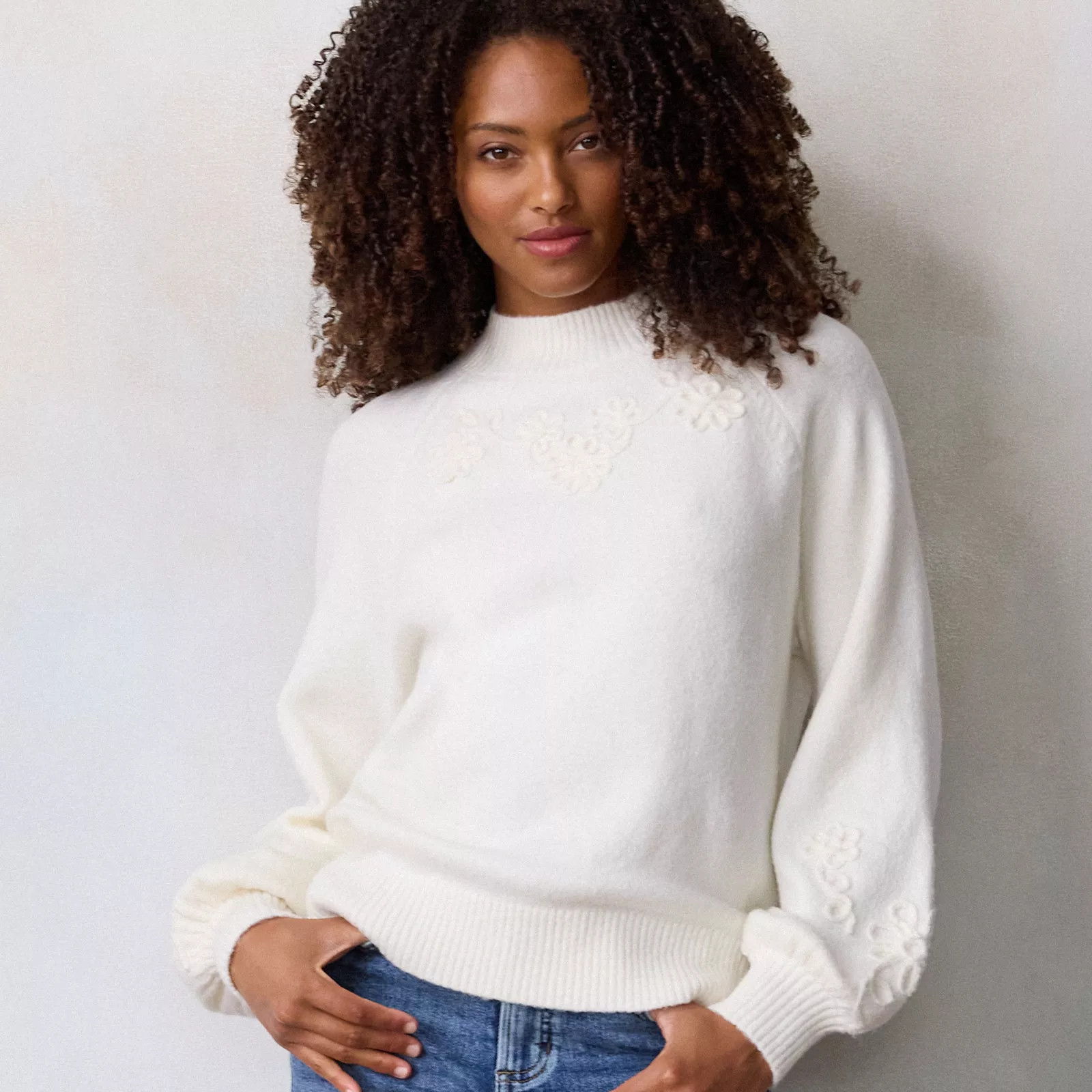 Women's LC Lauren Conrad Balloon Sleeve Mock Neck Sweater, Size: Large, Ivory Silk | Kohl's