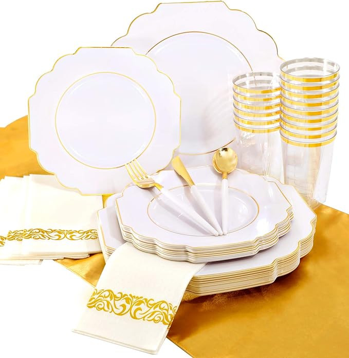 Nervure 140PCS Scalloped Gold Plastic Plates - Heavy Duty White Gold Plates - Heavyweight Square ... | Amazon (US)