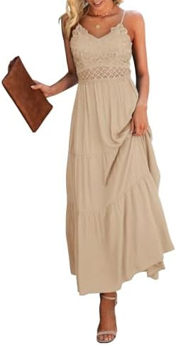 Dokuritu Women's Beach Crochet Lace Maxi Dress Solid Color Summer Vacation Spaghetti Strap Long D... | Amazon (US)