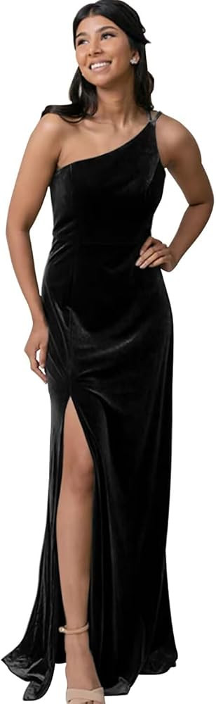 One Shoulder Velvet Bridesmaid Dress Long for Women 2024 with Slit Wedding Guest Dress Formal | Amazon (US)