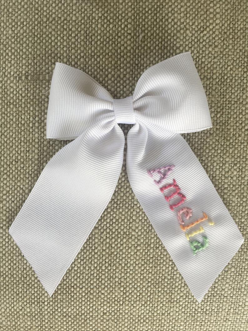 Large Hand Embroidered Name Bow (after Easter delivery) | Lovely Little Things Boutique
