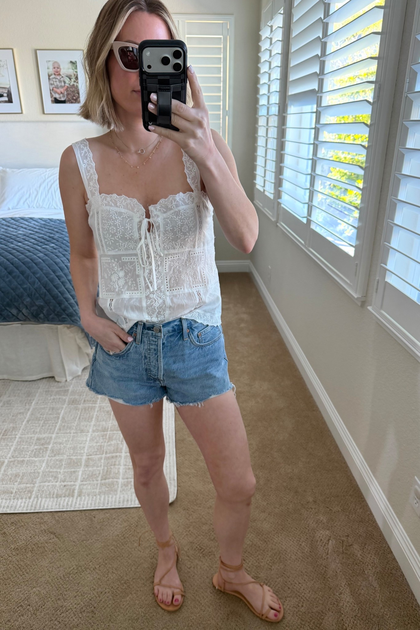 Zara top paired with denim shorts and lace up sandals. Small on top. 27 in shorts. 

#LTKSeasonal #LTKOver40 #LTKootd