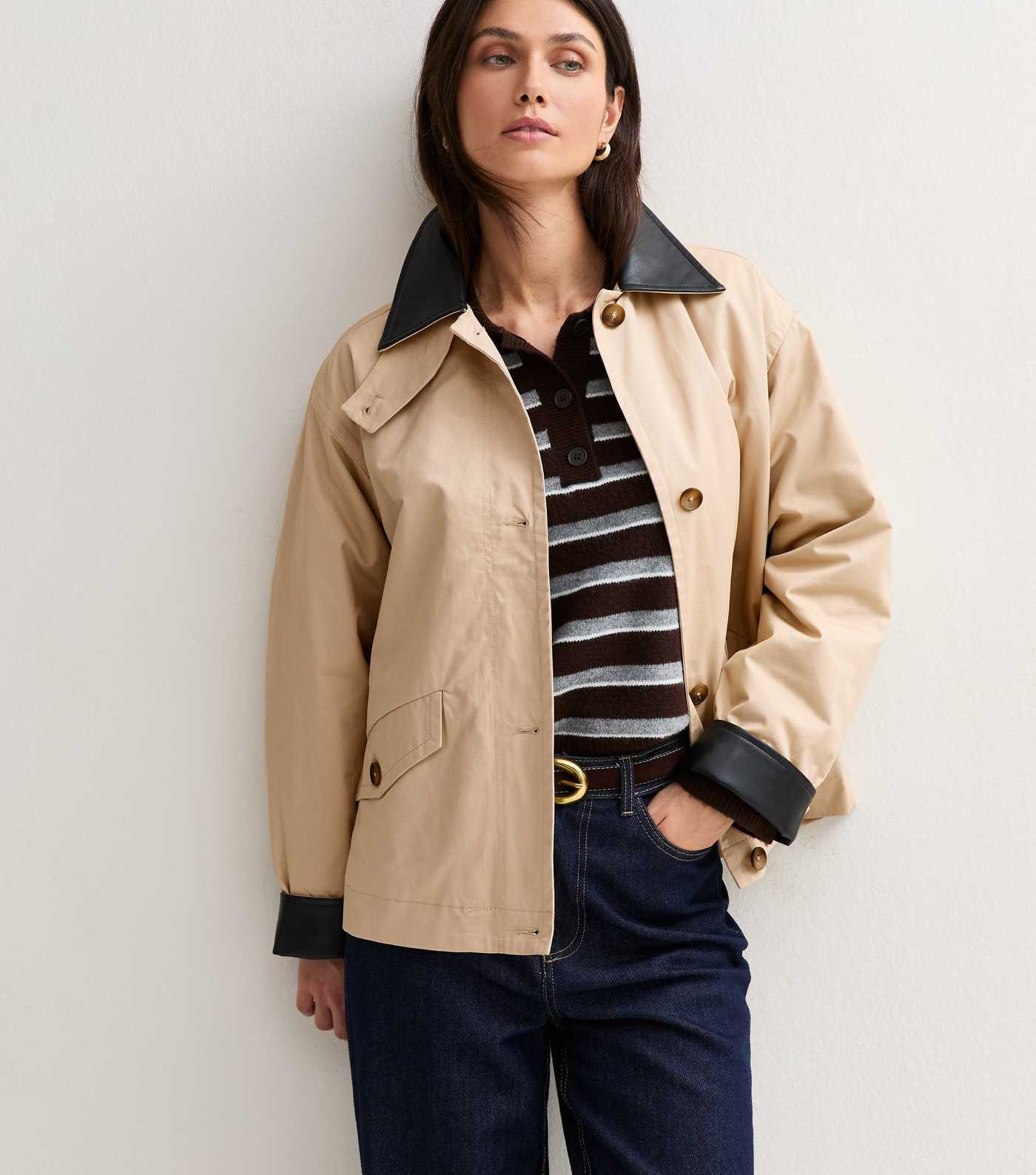 Stone Contrast Trim Funnel Neck Barn Jacket | New Look | New Look (UK)