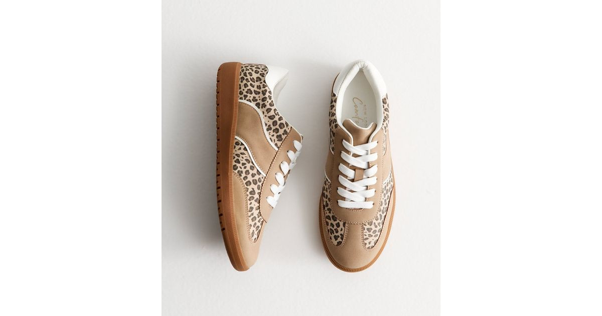 Stone Leopard Print Panelled Low Top Trainers
						
						Add to Saved Items
						Remove from S... | New Look (UK)