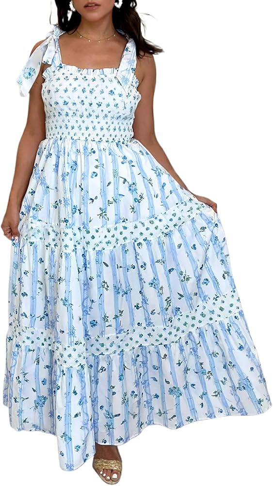 Women's Sky Blue Floral Smocked Tied Straps A-Line Tiered Maxi Dress for Weddings and Holidays | Amazon (US)