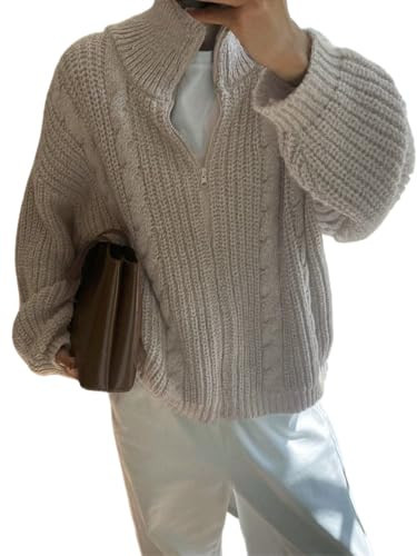 Oversized Chunky Cardigan Sweaters for Women Cable Knit Long Sleeve Zipper Collar Warm Fall Cardigan Trendy Winter Fashion Knit Sweater Khaki M | Amazon (US)