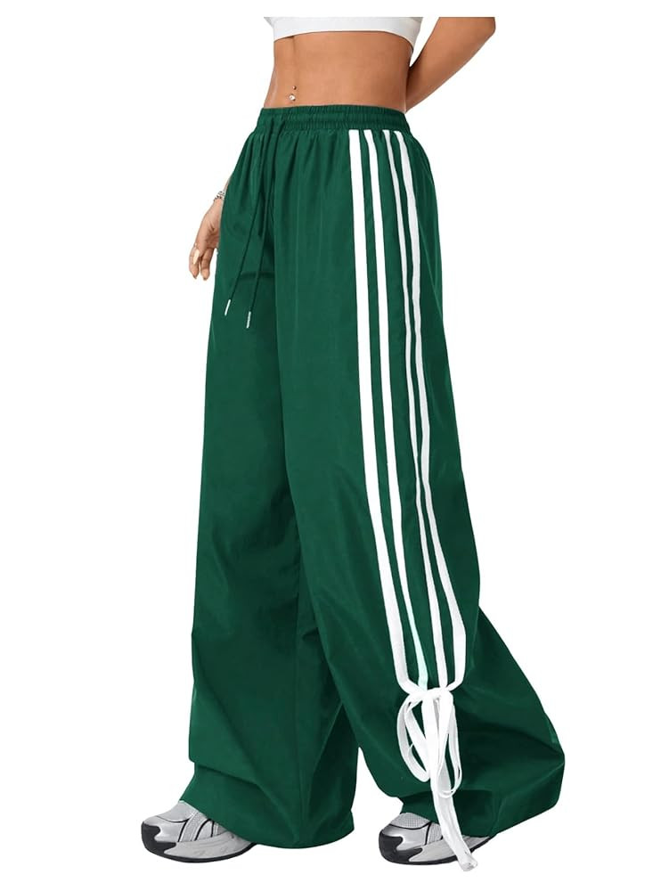 Women's Y2K Baggy Bow Wide Leg Pants Striped Track Elastic Waist Long Sweatpants Parachute Pants | Amazon (US)