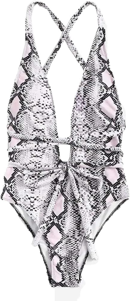SweatyRocks Women's Sexy Bathing Suits Criss Cross Tie Knot Front Deep V Open Back Leopard One Piece | Amazon (US)