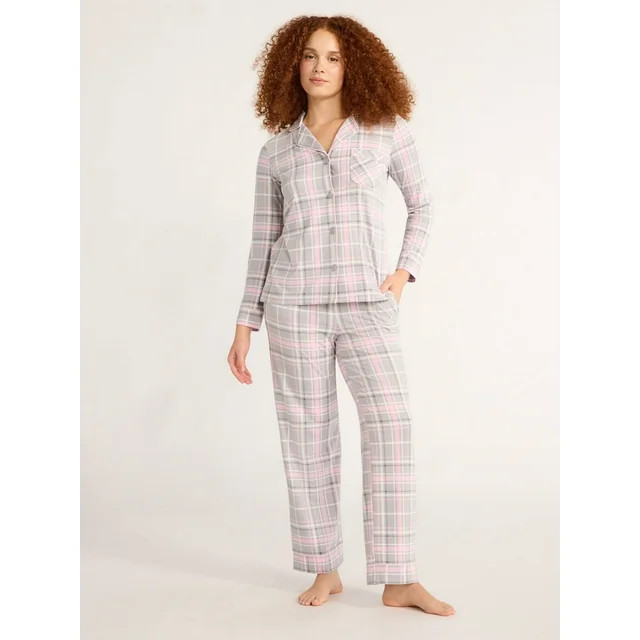 Joyspun Women's Cozy Jersey Notch Collar Top and Pants Pajama Set, 2-Piece, Sizes XS-4X | Walmart (US)