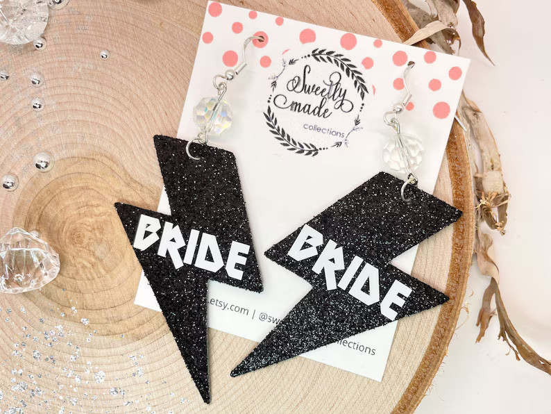Bride Earrings Black Lightning Bolt Bachelorette Jewelry - Etsy | Etsy (US)