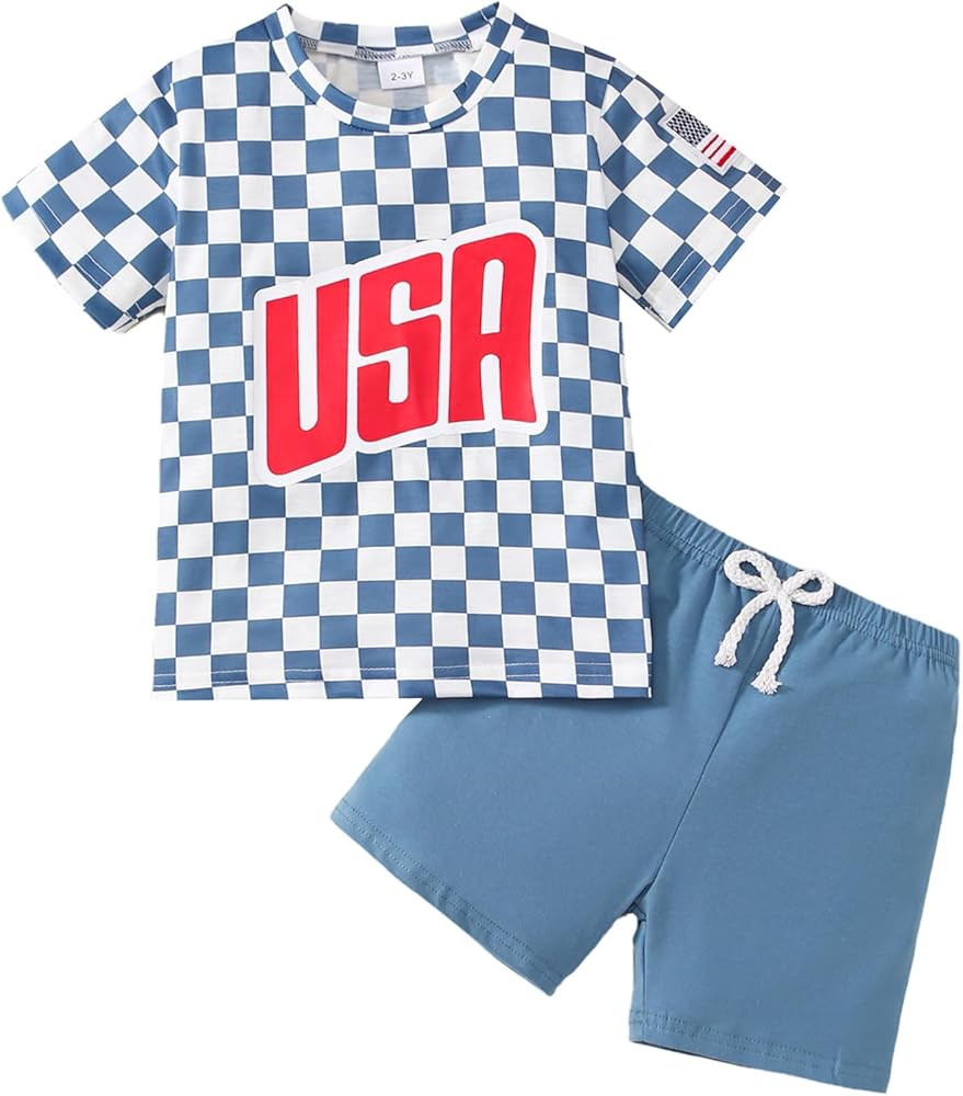 Little Boy 4th of July Outfit USA American Flag T-shirt+Casual Shorts Independence Day Clothes | Amazon (US)