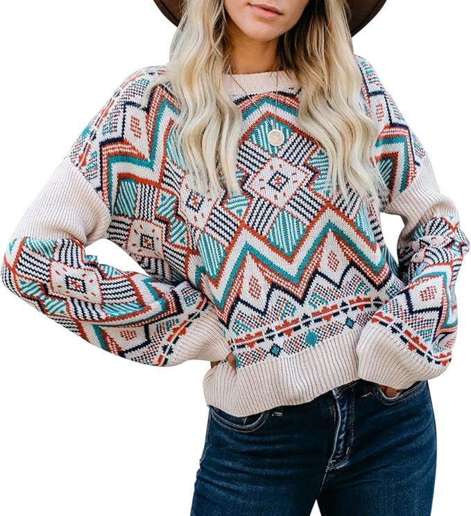 ETCYY Women's Rainbow Striped Color Block Boho Crew Neck Long Sleeve Pullover Sweater Tunic Tops | Amazon (US)