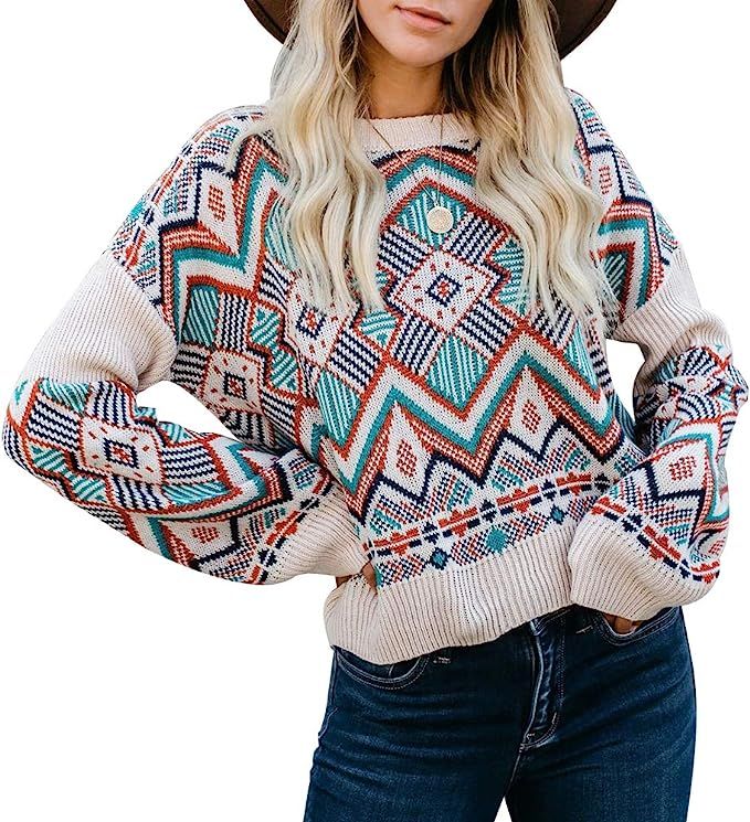 ETCYY Women's Rainbow Striped Color Block Boho Crew Neck Long Sleeve Pullover Sweater Tunic Tops | Amazon (US)
