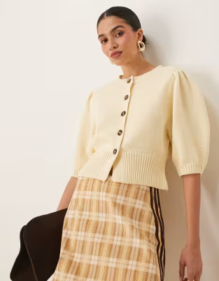 ASOS DESIGN crew neck cardigan with puff sleeve in buttermilk | ASOS (Global)