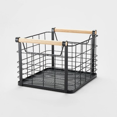 Small Wire Wood Handles Milk Crate Black - Brightroom™: Square Decorative Basket, Iron & Wood, 13" Cube Compatible | Target