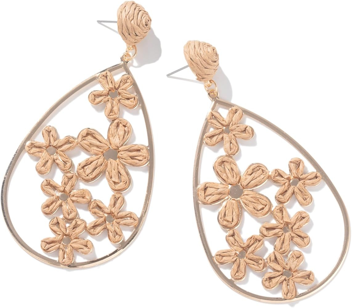 Flower Teardrop Earrings Boho Raffia Earrings Cute Floral Dangle Earrings Trendy Statement Jewelr... | Amazon (US)