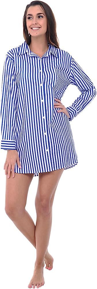 Womens Woven Cotton Sleep Shirt, Button Down Nightshirt | Amazon (US)