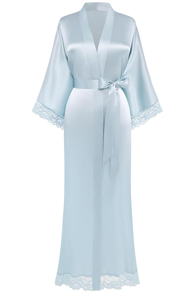 BABEYOND Satin Kimono Robe Silky Long Bridesmaid Wedding Lightweight Bath Robe with Lace Trim | Amazon (US)