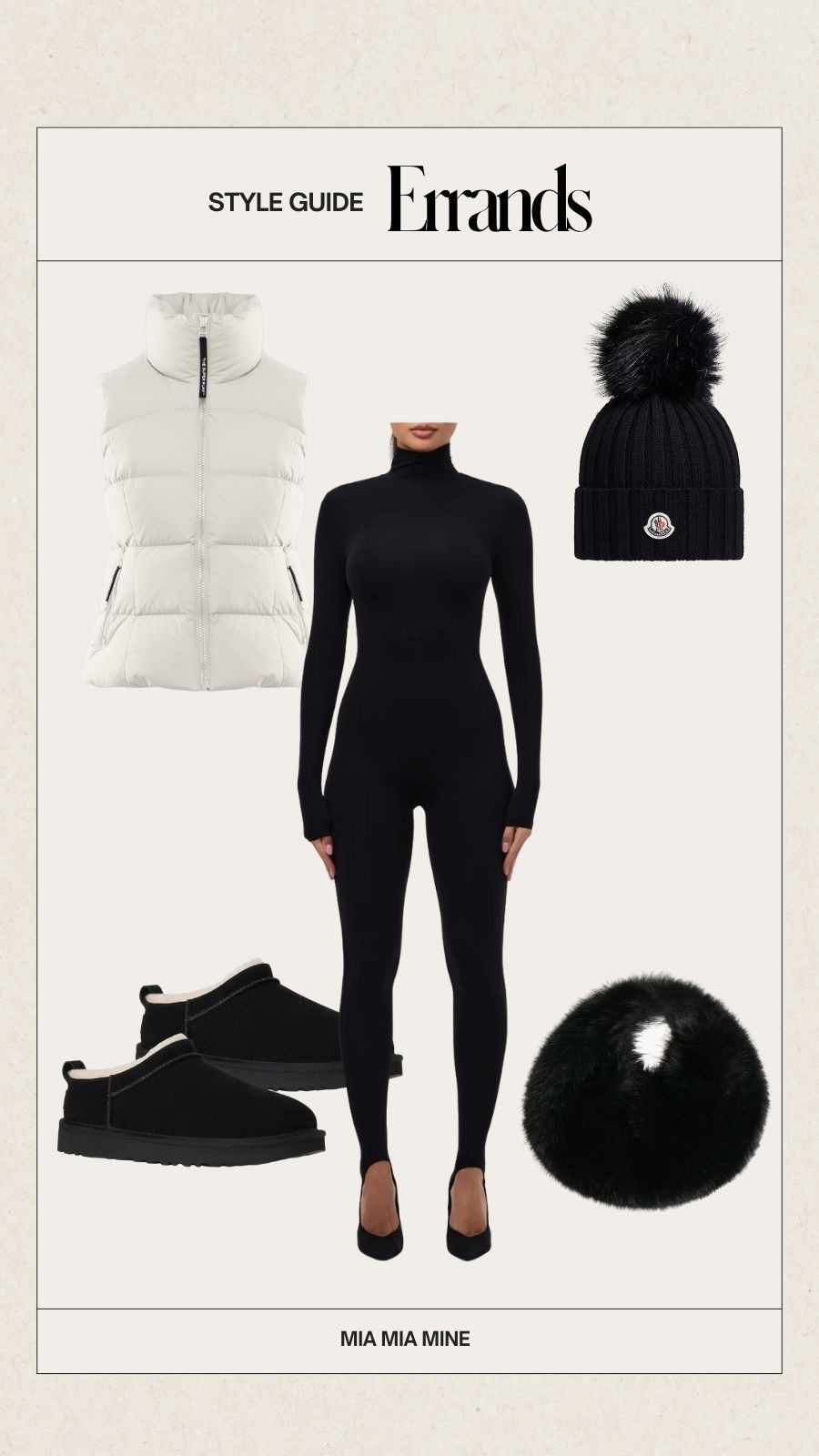 Winter outfit ideas
Aritzia puffer vest on sale 
Naked wardrobe jumpsuit / catsuit
Ugg mini booties 
Moncler beanie 
Faux fur handbag 

#LTKFindsUnder100 #LTKTravel #LTKSeasonal