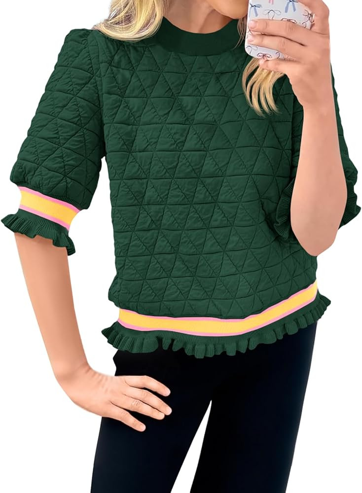 Fisoew Womens Quilted Pattern Cropped Sweatshirts Casual Crewneck Half Lantern Sleeve Textured Ru... | Amazon (US)