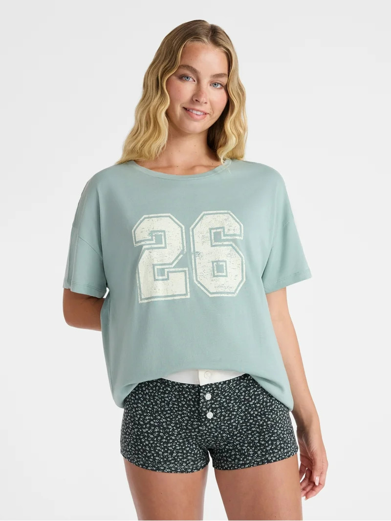 No Boundaries Sleepwear Cotton Tee and Boxer Shorts Set, 2-Piece, Women’s | Walmart (US)