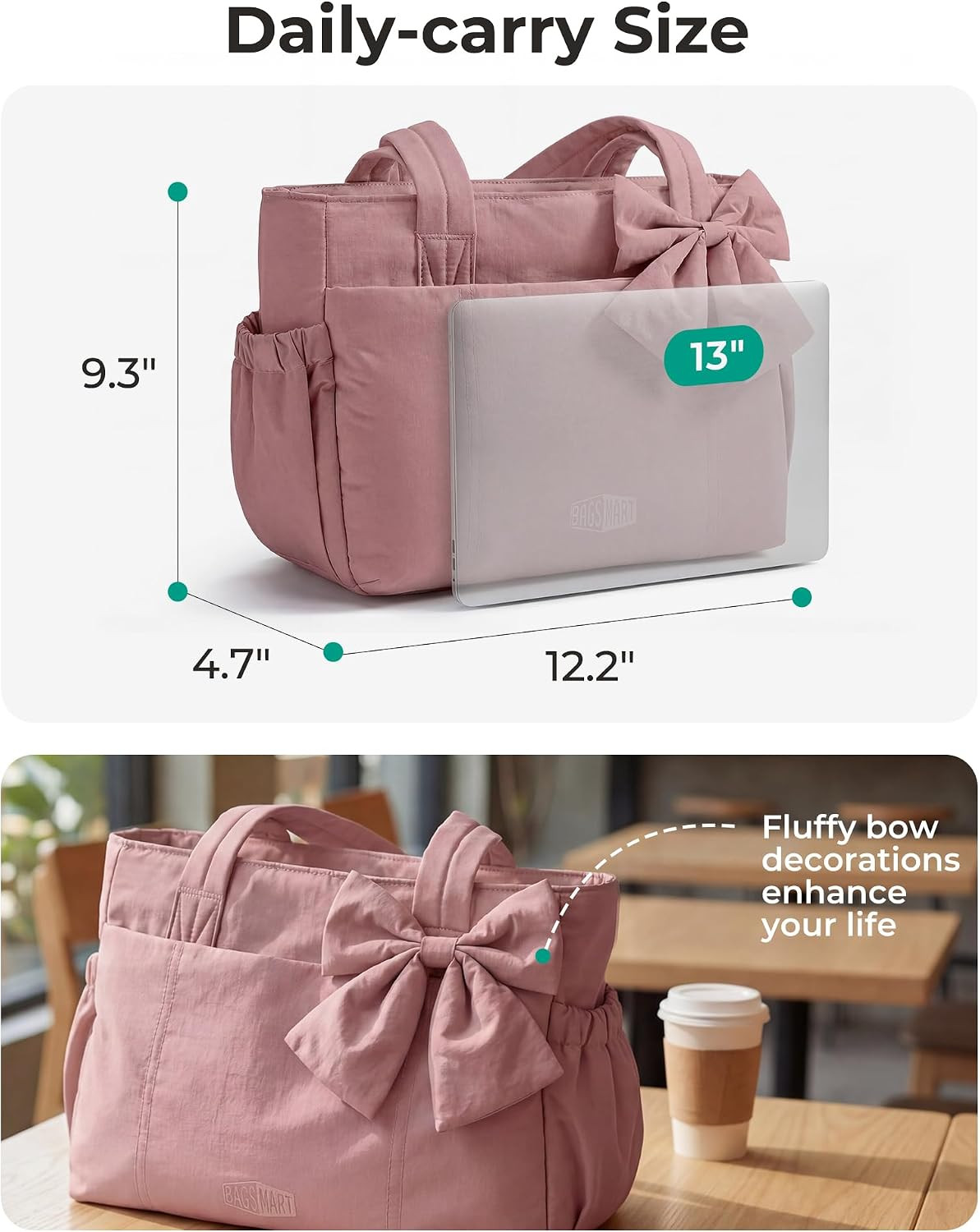 BAGSMART Crush Bow Tote Bag for Women, Puffer Travel Work Yoga Laptop Bag | Amazon (US)