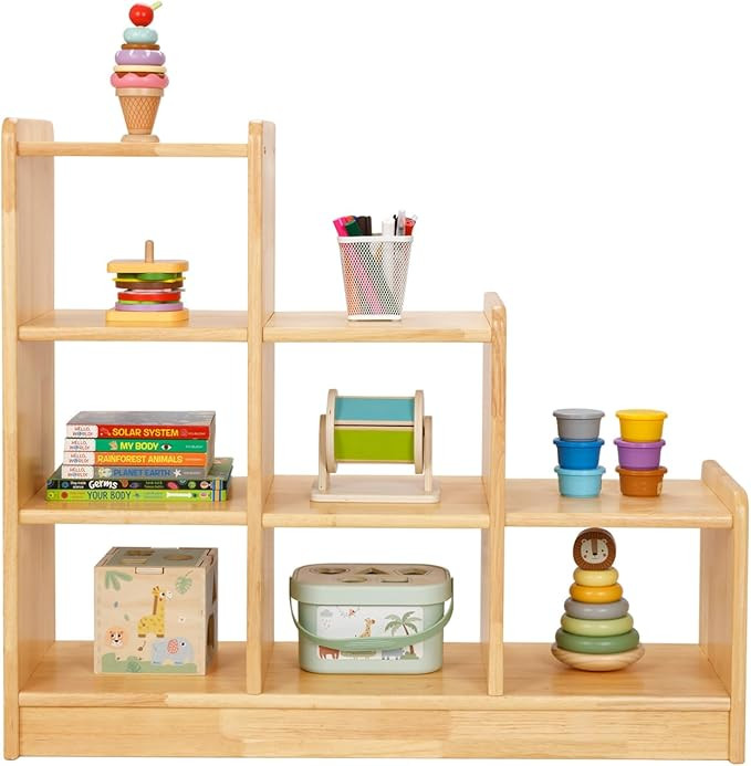 Rubber Wood 6 Cube Storage Organizer, Ladder Corner Shelf with Display Paltform, 3 Tier Kids Book... | Amazon (US)