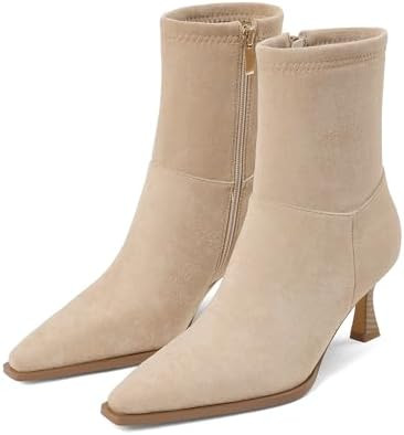 Womens Brown Suede Fall Boots with Side Zip, Ankle, Mid Calf, Pointed Toe, Kitten Heel, Dressy, S... | Amazon (US)