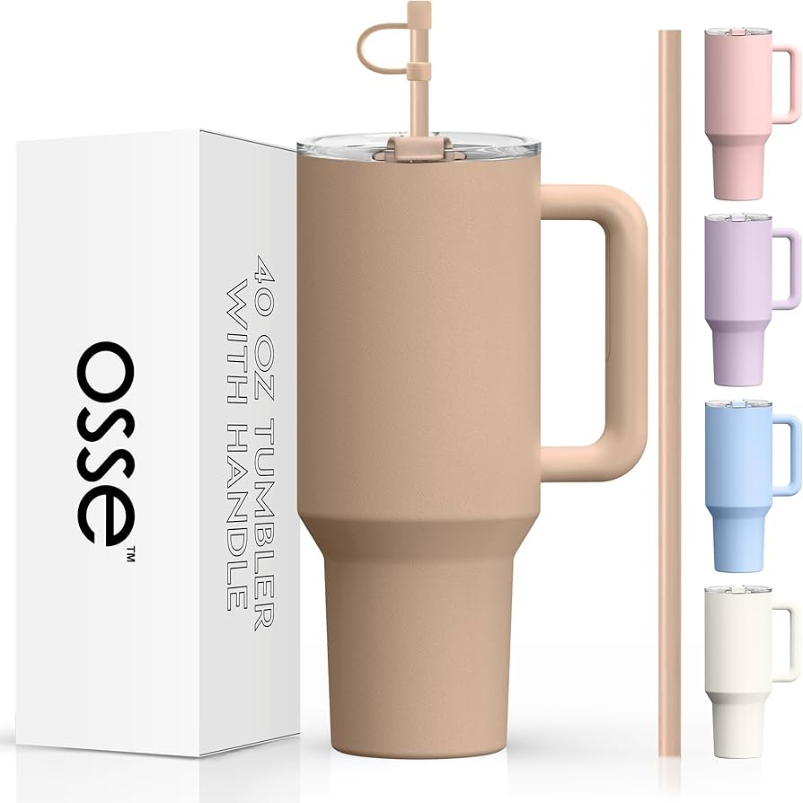 osse Vaso de 40 onzas con asa y tapa con pajilla, botella de agua reutilizable de acero inoxidabl... | Amazon (US)