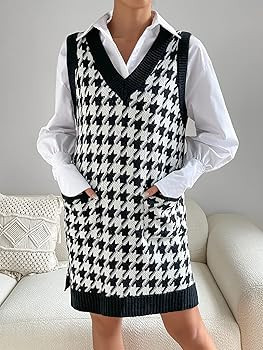OYOANGLE Women's Houndstooth Print V Neck Sleeveless Knitted Short Sweater Dress with Pockets | Amazon (US)