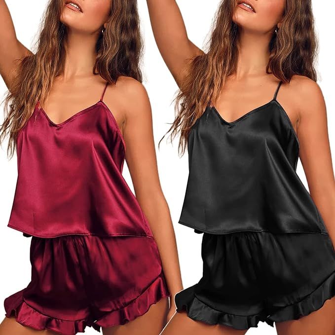 Ekouaer 2 Pieces Silk Pajamas Sets for Women Ruffle Pajama Shorts Sets Camisole Lingerie Sleepwea... | Amazon (US)