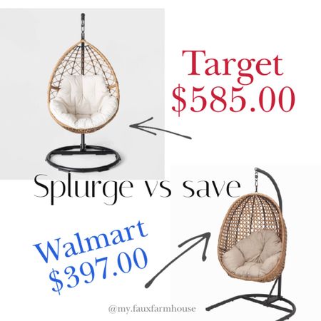 Splurge vs save hanging egg chairs. Walmart came out with their own hanging egg chair from better homes and gardens 

#LTKFind #LTKSeasonal #LTKhome