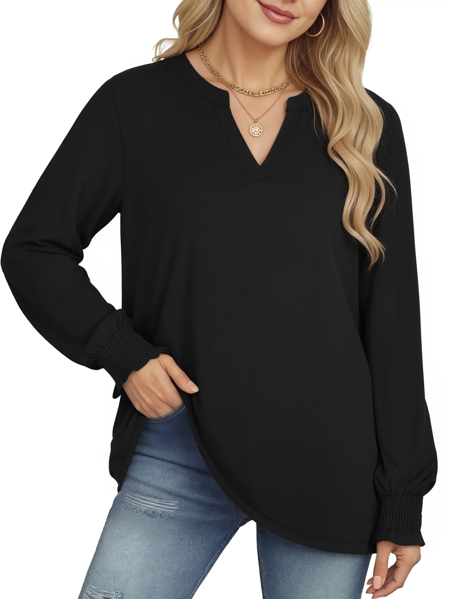 OALUXE Blouses for Women Long Sleeve Shirts V Neck Smocked Cuffs Tunic Tops | Walmart (US)