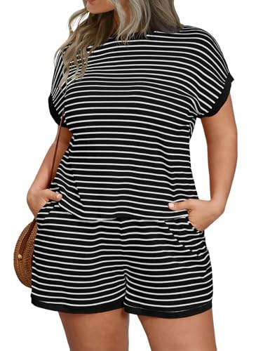 Beautife Womens Plus Size Lounge Set 2 Piece Outfits Stripe Short Sleeve Shirts Tops Shorts Summer Casual Loungewear Black | Amazon (US)