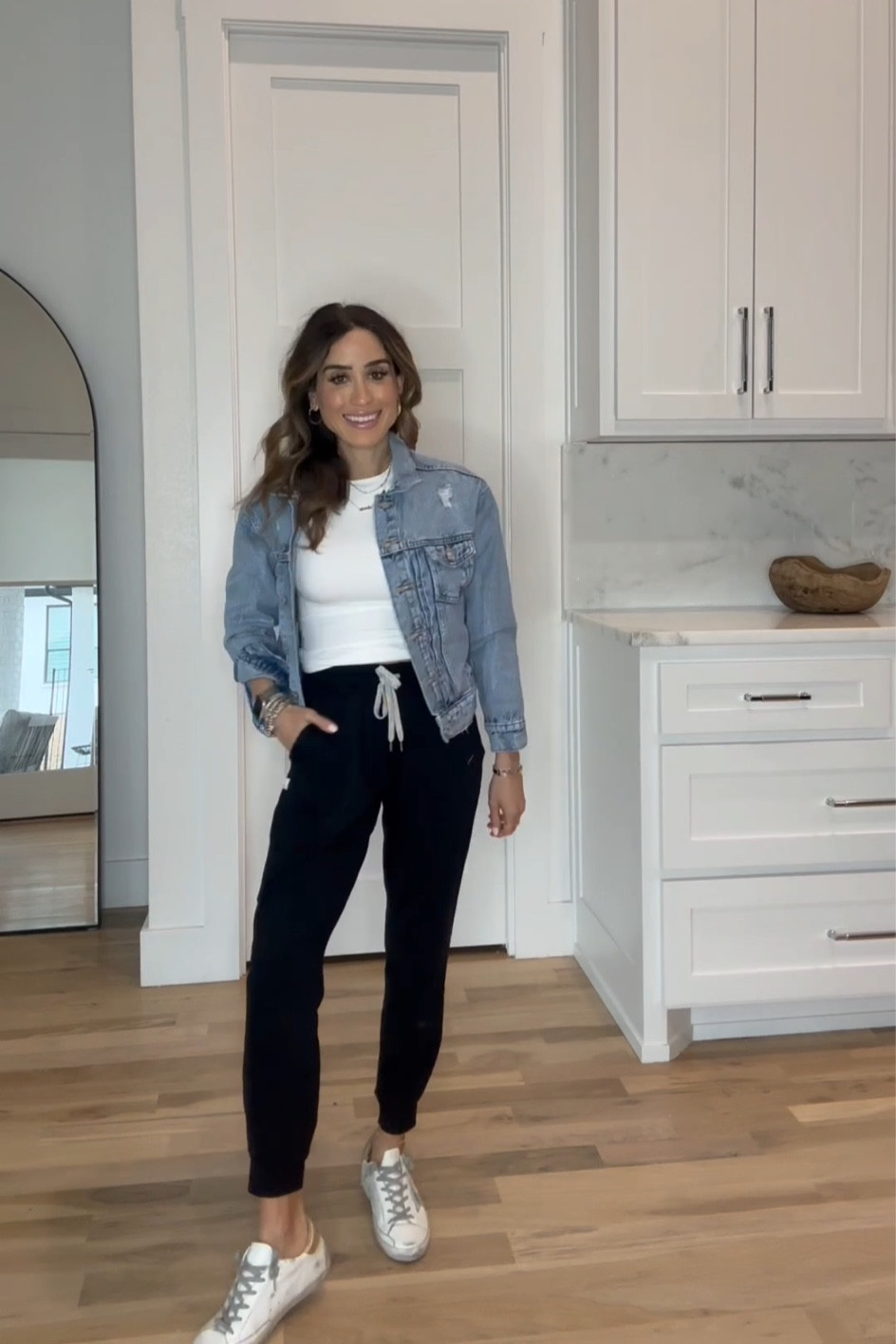 Casual outfit, travel outfit 
Black joggers size Xs, denim jacket size Xs, white tee size Xs 

#LTKfindsunder50 #LTKfindsunder100