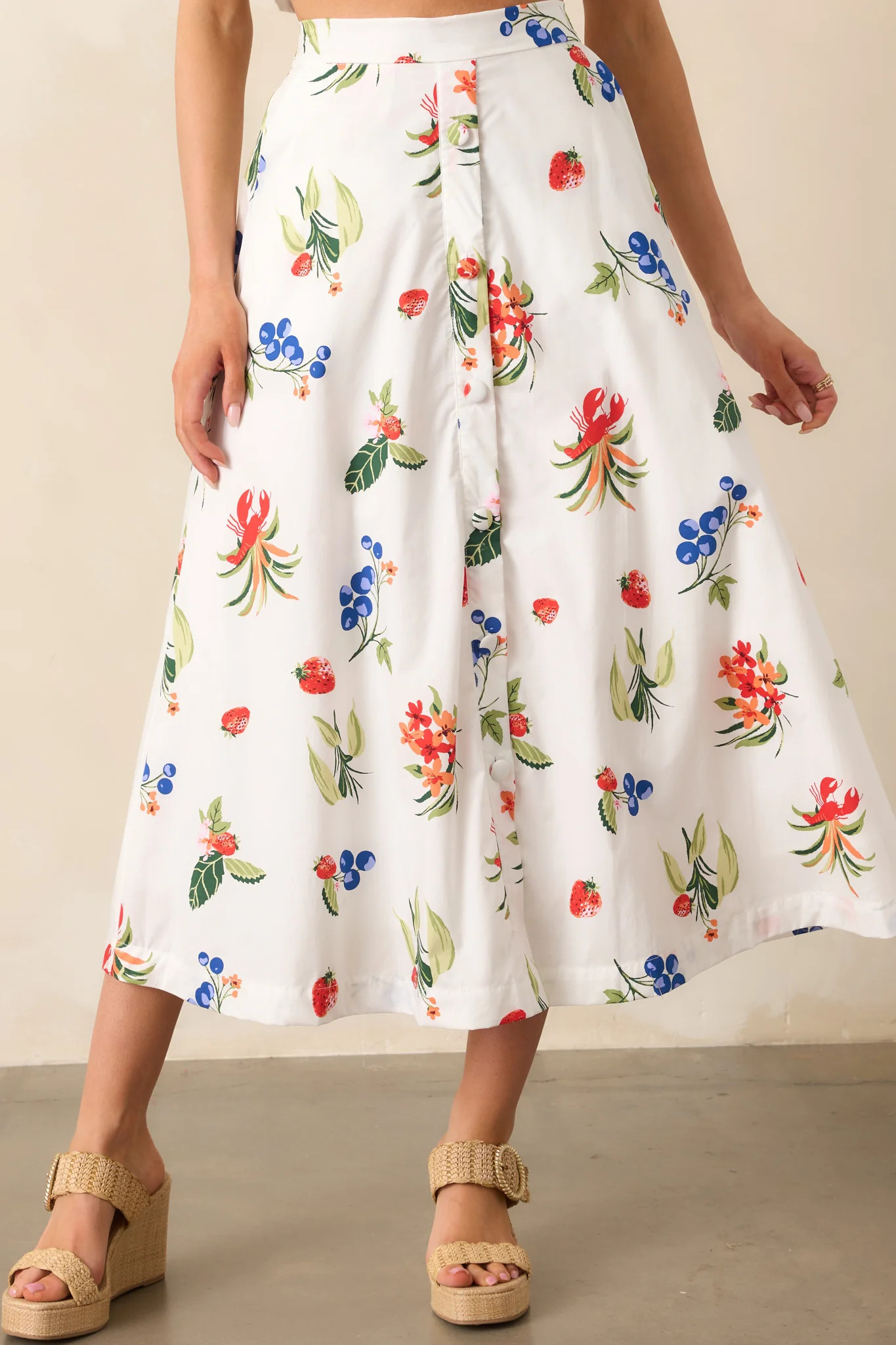 Not In A Rush White Cotton Coastal Print Midi Skirt | Red Dress